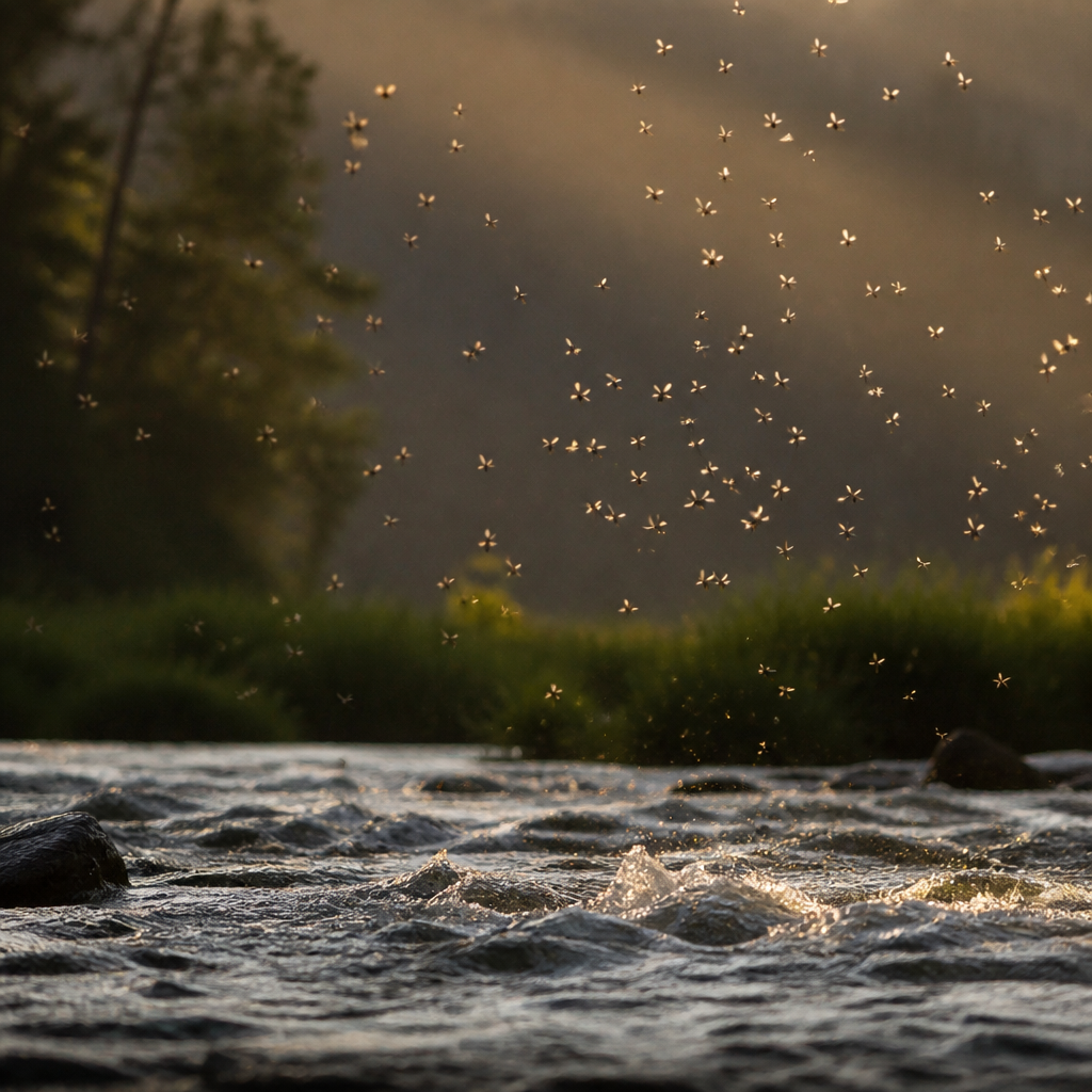 A cloud of small caddisflies backlit above a broken river riffle in the last light of evening