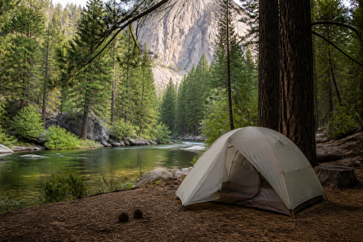 A small tent pitched on a forest floor of pine needles beside a clear river with conifers and a canyon wall behind