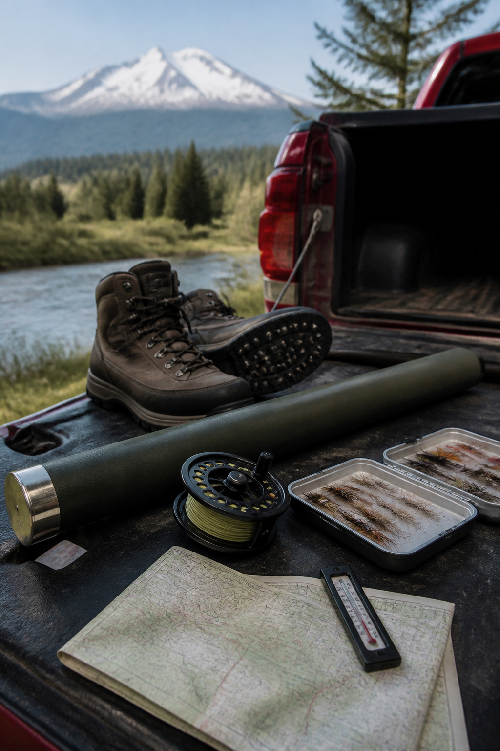 Fly fishing gear laid out on a truck tailgate: rod tube, reel, fly boxes, wading boots with studs, a thermometer and a folded map