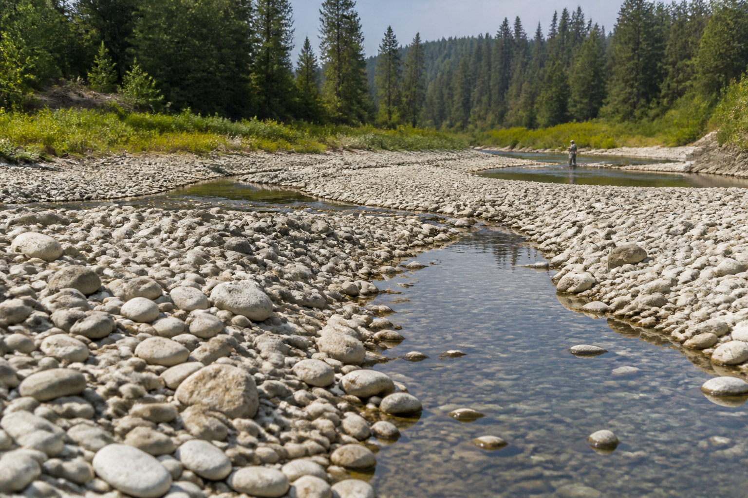 A trout river at very low summer flow with wide exposed cobble bars, bleached stones and a narrow thread of clear water