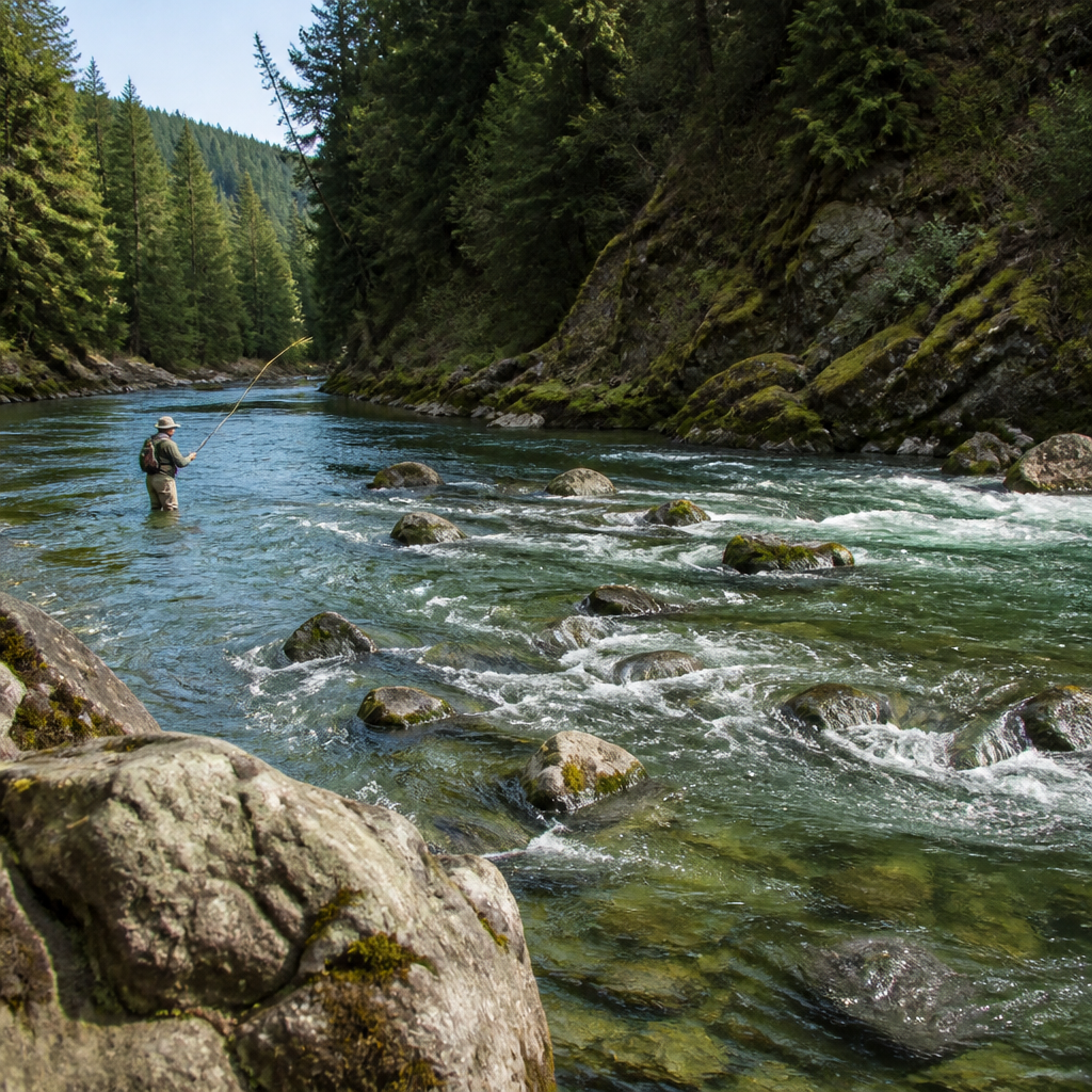 The McCloud River running green over boulders through a conifer canyon south of Mount Shasta in Northern California