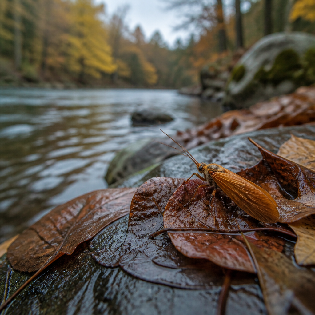 A large orange October caddis adult with folded wings resting on damp fallen leaves at the edge of a river
