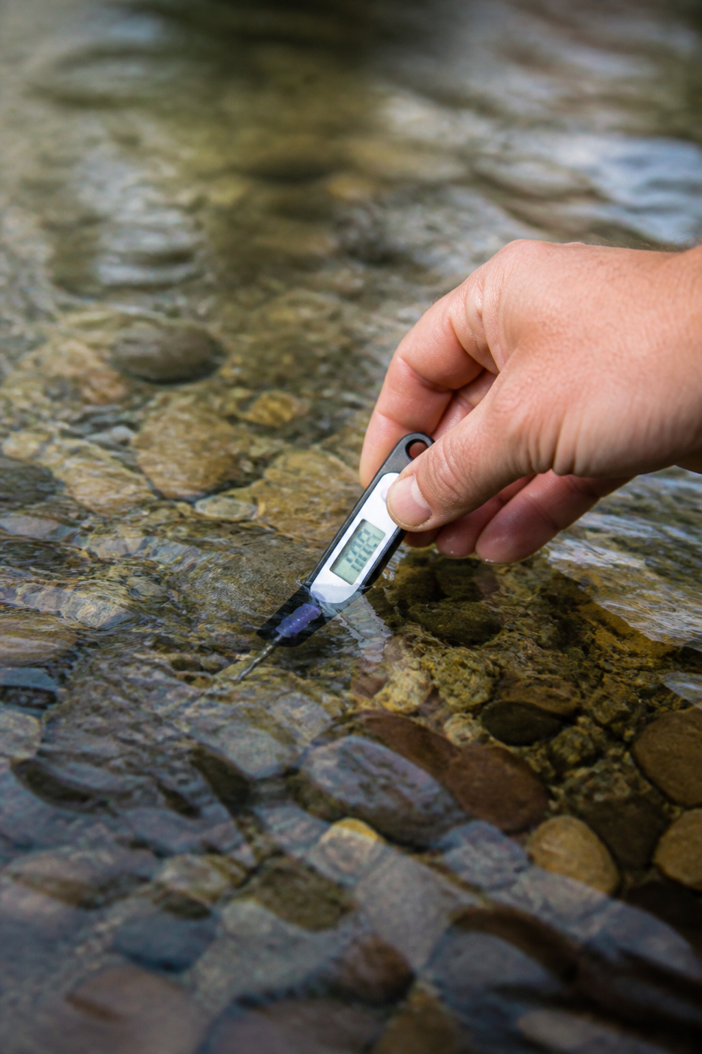 A hand holding a small stream thermometer just under the surface of clear flowing river water over gravel