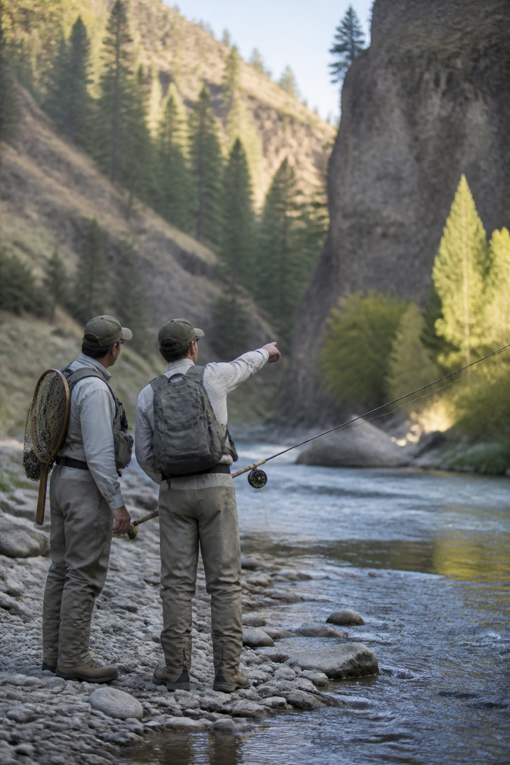Two fly anglers standing on a gravel bar beside a canyon river, one gesturing upstream while the other listens