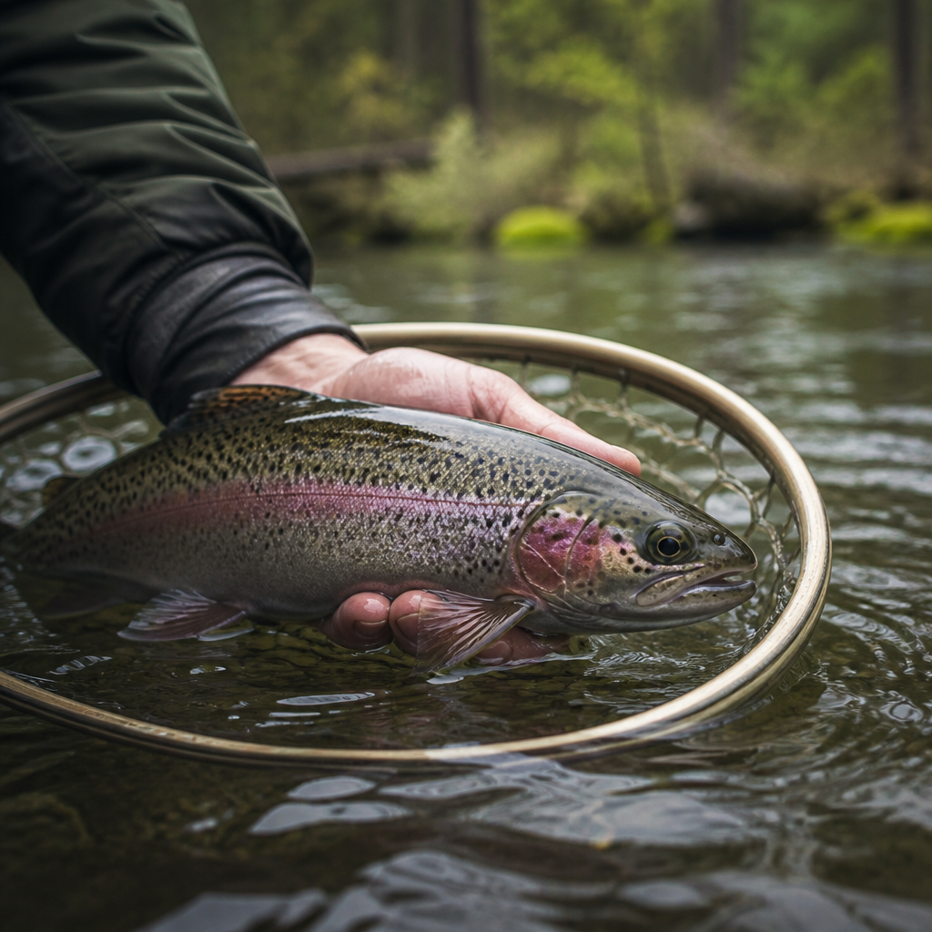 A wild rainbow trout with a rose stripe held just above the water in a rubber landing net before release